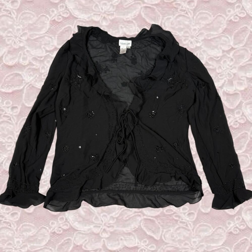 Coldwater Creek Womens Size 12 Black Sheer Beaded Tie Front Blouse Whimsigoth